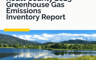 Photo of the cover of the 2023 Routt County Greenhouse Gas Emissions Inventory Report, with that title and a photo of a lake and green grass.
